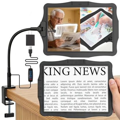 Magnifying Glass w/Light for Seniors Elderly Reading Full Page Diamond Painting, Magnifier w/Dimmable LED Desktop Lamp, Hands Free Magnifier for Crafts Arts Sewing Close Work