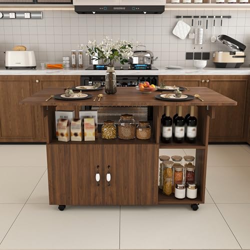 KEIKI 47 Inch Foldable Dining Table, Multi-Functional Folding Table with Storage Shelves and Wheels, Drop Leaf Extendable Dining Desk, Versatile Foldable Side Table for Kitchen, Dark Walnut - color: Drak Walnut