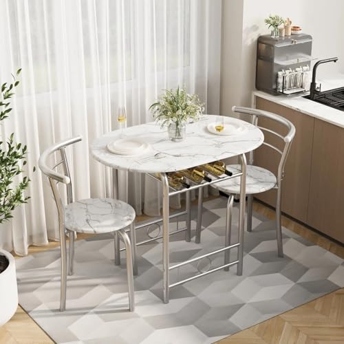 Shahoo 3-Piece Dining Table Set for 2, Kitchen Breakfast Nook Set | 2 Chairs & Round Tabletop, Space Saving Wooden Furniture Metal Frame and Built-in Wine Rack, Marble White - color: Marble White