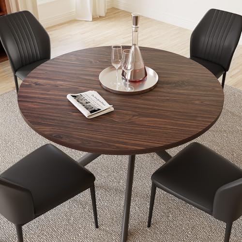 HIPIHOM 45.3'' Walnut Round Dining Table Set for 4, Mid Century Modern Small Coffee Set for Dining Room Kitchen Apartment (Dark Walnut Table + 4 Black Chairs) - color: Walnut Table+4 Black Chairs