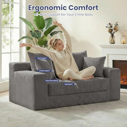 3-in-1 Convertible Sofa Bed: Boneless Loveseat Sleeper & Folding Couch Bed with 4 Pillows & Detachable Cushion for Bedroom, Small Space, Guest and Living Room, Corduroy Futon, No Assembly,Grey
