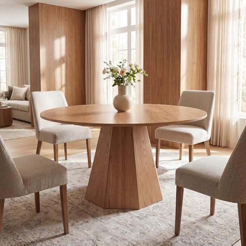 59'' Round Dining Table for 4-6, Modern Pedestal Kitchen Table Circle Wood Natural Grain Finish Grain Tabletop Dinner Table Kitchen Table, Natural Wood - color: Natural Wood, 59” Round