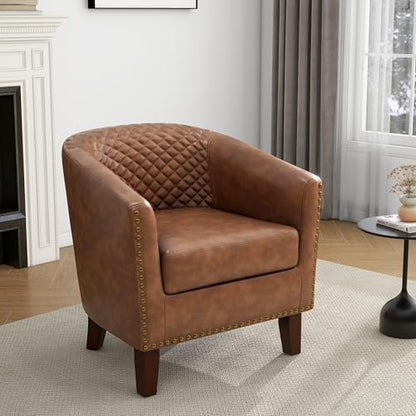 Faux Leather Accent Chair, Modern Barrel Club Chair, Brown | Comfy Upholstered Armchair for Living Room, Round Club Chair Single Sofa Bedroom Reading Seat | 26"D*29"W*29"H - color: Brown