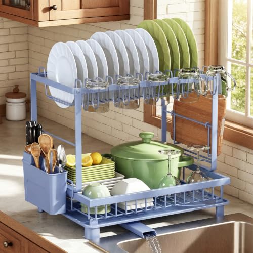 Dish Drying Rack 2-Tier Dish Racks with Drainboard, Rustproof, Space-Saving Dish Rack, Utensil & Cup Holder for Kitchen Counter, Blue - color: Blue