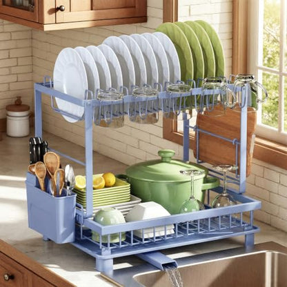 Dish Drying Rack 2-Tier Dish Racks with Drainboard, Rustproof, Space-Saving Dish Rack, Utensil & Cup Holder for Kitchen Counter, Blue - color: Blue