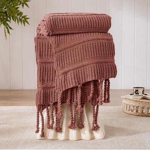 Boho Knitted Chenille Blanket with Tassels - Lightweight & Soft All-Season Throw - 3D Classic Pattern for Living Room Bedroom Couch, Clay Brown, Throw 50"x60" - color: Clay Brown, size: Throw