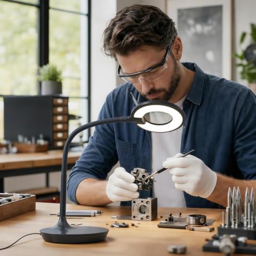 3X+6X Magnifying Glass with Light and Stand, Dimmable LED Magnifying Lamp | Flexible Gooseneck, Hands Free Magnifier, Magnification Lamp for Elderly Craft Hobby Painting Sewing Close Work,Weighted Base - color: Black