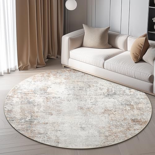 jinchan Round Rug 6ft Modern Area Rug 6' Round Circle Mat Washable Abstract Distressed Floor Cover Taupe Multi Contemporary Non-Slip Overdyed Thin Carpet for Living Room Dining Room Bedroom Kitchen - color: Distressed Taupe, size: 6' (Round)