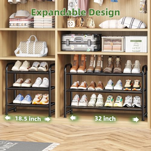 Simple Trending 3-Tier Expandable Shoe Rack, Adjustable & Stackable Shoe Organizer, Heavy Duty Metal Free Standing Shoe Shelf Storage for Closet Entryway Doorway, Black
