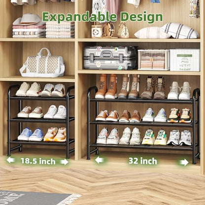 Simple Trending 3-Tier Expandable Shoe Rack, Adjustable & Stackable Shoe Organizer, Heavy Duty Metal Free Standing Shoe Shelf Storage for Closet Entryway Doorway, Black