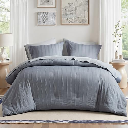 Madison Park Essentials Striped Comforter Set Cal King, 7 Pieces Modern Minimalist Jacquard Bedding Set for All Season, Bed in A Bag with Sheet Set and Soft Brushed Reverse, Lightweight Blue/Grey - color: Blue/Grey, size: California King
