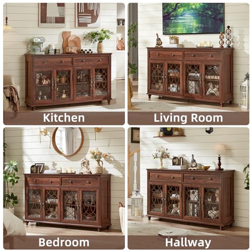 Joaxswe Farmhouse Sideboard Buffet Cabinet with Storage,59" Large Credenza with 4 Glass Doors & 2 Drawers,Adjustable Shelves Console Table,Wood Kitchen Coffee Bar for Dining Room,Living Room,Brown