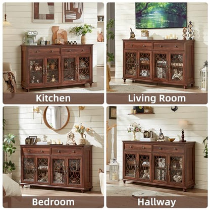 Joaxswe Farmhouse Sideboard Buffet Cabinet with Storage,59" Large Credenza with 4 Glass Doors & 2 Drawers,Adjustable Shelves Console Table,Wood Kitchen Coffee Bar for Dining Room,Living Room,Brown