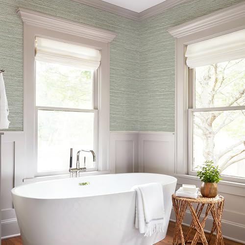 HueBurst Green Grasscloth Peel and Stick Wallpaper 17.3" x 394" Renter Friendly Neutral Textured Grassweave Wallpaper Self Adhesive Removable for Bathroom Bedroom - color: Neutral, size: 17.3" x 394"