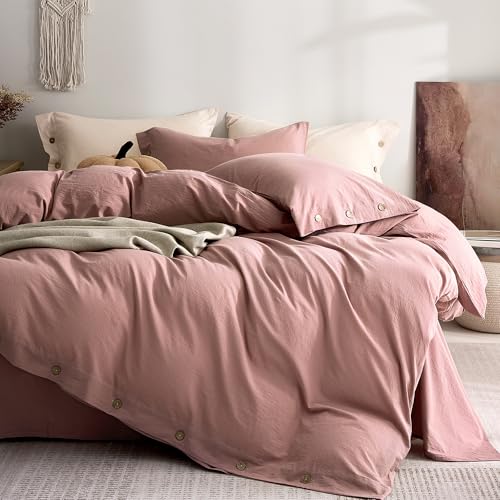 JELLYMONI 100% Washed Cotton Darker Rose Duvet Cover Full, Linen-Like | OEKO-TEX Certified, Soft, Breathable Percale Bedding with Natural Wrinkle Texture, Button Closure, 3-Piece Set, 80"x90" - color: 01- Darker Rose, size: Full(80"×90")