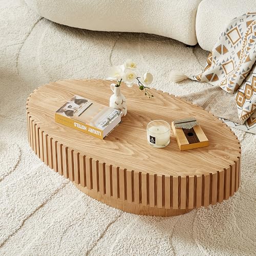 JUSTONE 43.31 Inch Oval Coffee Table, Farmhouse Wood Farmhouse Style with Handcrafted Relief & Circle Drum Design for Living Room & Apartments, 43.31x13.78 Inches (Oak) - color: 43.3'' Oval - Oak