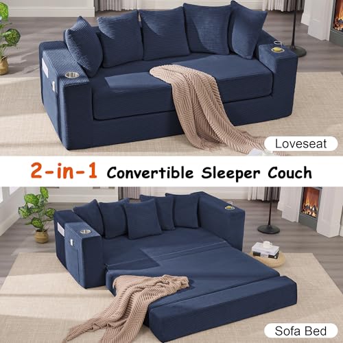 76" Convertible Sofa Bed, Corduroy Boneless Couch with Cup Holders & Pocket | 2-in-1 Sleeper Sofa, Pull-out Couch Bed with 5 Pillows, Living Room, Small Spaces, Bedroom, No Assembly - color: 76" Blue