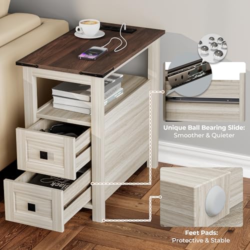 VVFLU Farmhouse End Table with Charging Station and 2 Drawers,Grey Wood Nightstand Narrow, Skinny Side Table Rustic, Slim Bedside Table, Open Shelf, Small for Bedroom, Living Room, Sofa - color: Grey/Wood