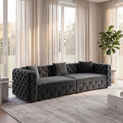 89" 4-Seater Queen Size Pull Out Sofa Bed with 3 Pillows, Gray | 4-Seater Classic Velvet Sofa with Tufted Design,3 Pillows,89" Extra Large 3-in-1 Pull Out Sofa - color: Q-dark Gray-w02