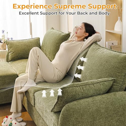 86'' Sectional Couches,with Movable Chaise Lounge,Chenille,Green | L Shaped Couch,Comfy 3 Seats Sofa with Thick Cushion,Wood Legs,2 Throw Pillows,Sectional for Living Room,Bedroom,Apartment - size: 86'' L Shaped Sofa