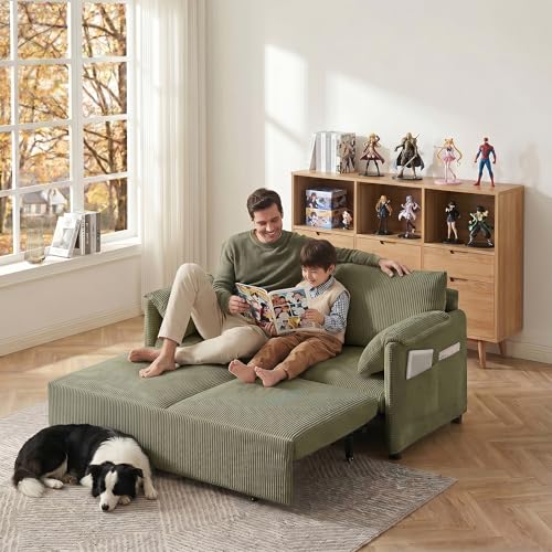 65" Convertible Sofa Bed Loveseat, Corduroy Sleeper Couch, 3 in 1 Folding Couch Sofa for Small Spaces,Apartment and Living Room. (Green)