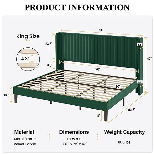 SHA CERLIN King Size Velvet Bed Frame, Tufted Wingback Headboard, Green | 47'' Modern Vertical Channel Headboard, Upholstered Platform Bed, Wood Slats, No Box Spring Needed, Easy Assembly, Noise Free - color: Green, size: King