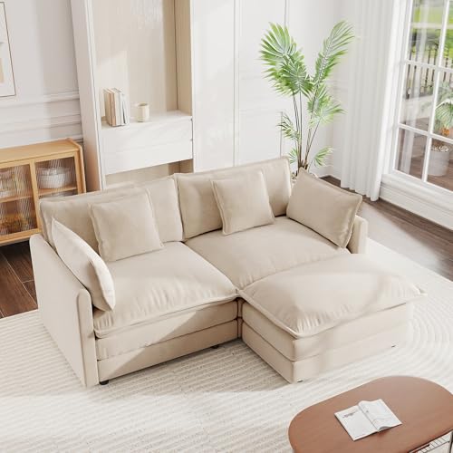 Modular Sectional Sofa, 76.4 Inch L Shaped Couch Set for Living Room, Loveseat Comfy Cloud Couches with Movable Ottoman, DIY Combination, Chenille, Light Coffee - color: Light Coffee, size: 76.4 Inch- L