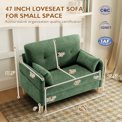 Urhanherry 47" Small Sofa Couch for Bedroom, Soft Chenille loveseat Mini Couch with Throw Pillow and Removable Cushion Cover for Small Spaces, Living Room, Apartment, Dorm, Office(Green) - color: Green