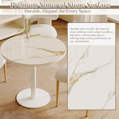 31.5'' Tulip Table, Round Dining Table with Sintered Stone Tabletop | White Aluminum Alloy Edge & Pedestal, Small Bistro Table for Dining Room/Café/Small Spaces/Restaurant (Calacatta Gold) - color: Calacatta Gold (White Edge), size: Round