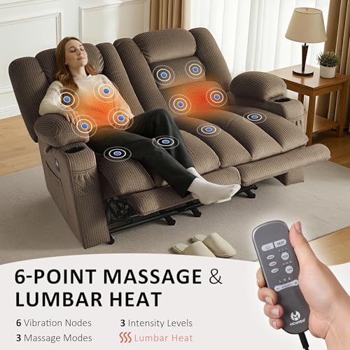 MCombo 56 in Reclining Loveseat Recliner with Heat & Massage PR648 (Brown) | 155° Zero Gravity, Dual Charging Ports, Cup Holders, FSC & OEKO Certified - color: Dark Brown, size: Loveseat Recliner with Zero Gravity