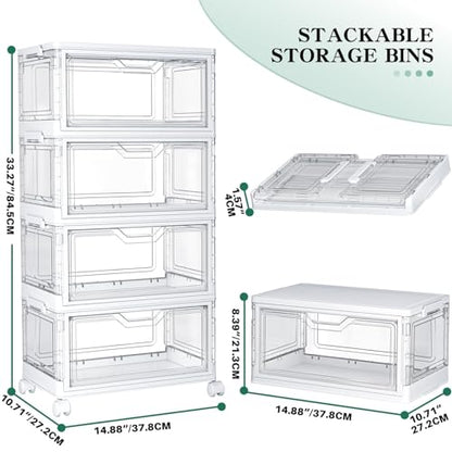Kmiectse Clear Storage Bins with Lids - 4 Tier 23qt Plastic Stackable Bins | Closet Organizers Box for Bedroom, Living Room, 23 QT Folding Box with Magnetic door - size: 23QT-4Pack&1Lid