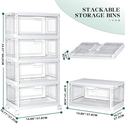 Kmiectse Clear Storage Bins with Lids - 4 Tier 23qt Plastic Stackable Bins | Closet Organizers Box for Bedroom, Living Room, 23 QT Folding Box with Magnetic door - size: 23QT-4Pack&1Lid