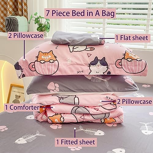 7 Piece Girls Cats Bedding Comforter Set Twin Size for Kids Bed in A Bag Pink Cute Cartoon Pet Cat Bedding Set for Boys Teens (1 Comforter, 1 Flat Sheet, 1 Fitted Sheet, 4 Pillow Sham) Gray - color: Cat, size: Twin