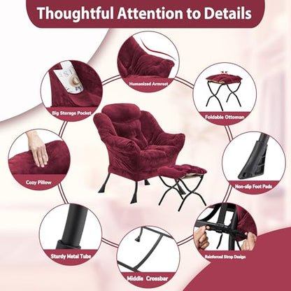 Youtanic Lazy Chair with Folding Ottoman, Accent Chair Plush Upholstered with Metal Structure and Non-Slip Pads, Sofa Armchair with Footrest and Side Storage Bag for Dorm, Room, Office, Rose Red - color: Plush Rose Red