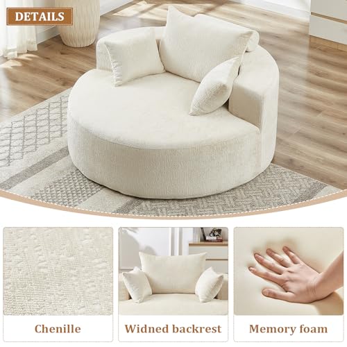 55" Oversized Round Chaise Longue Chair Indoor, Upholstered Chenille Circle Single Cloud Reading Sofa Chair Deep Seat Modern Boneless Sleeper Couch No Assembly Required, Beige - color: Beige, style: 55"Chenille