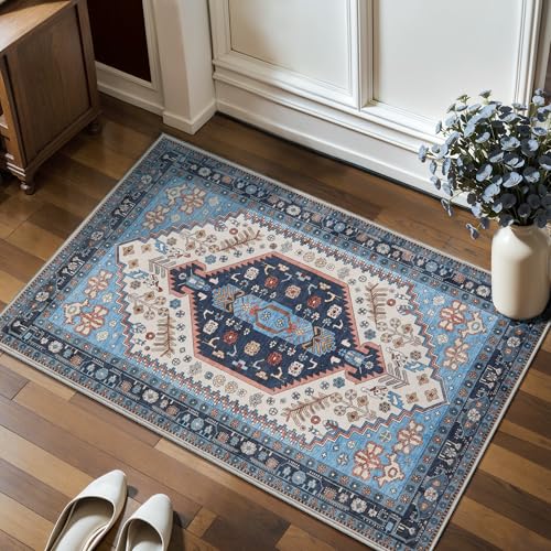 Ciicool 2x3ft Small Area Rug,Washable Boho Thin Mat for Entryway Kitchen | Oriental Non-Slip Low-Pile Indoor Carpet Soft Entry Rugs for Entrance Bedroom Kitchen Bathroom Foyer Decor - color: Blue/Beige, size: 2' X 3' (Rectangular)