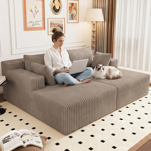70.8" Oversized Boneless Double Chaise Lounge Chair Indoor, Upholstered Corduroy Cloud Chaise Lounges with 4 Pillows, Modern Deep Seat Loveseat Sleeper Sofa for Living Room Bedroom Apartment, Camel - color: 70.8" Camel