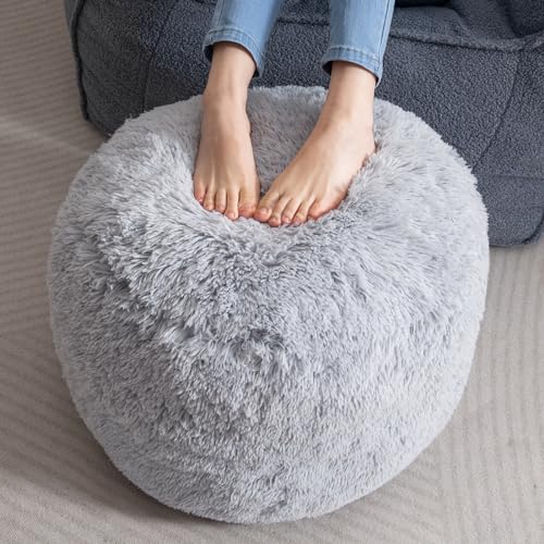 HIGOGOGO Round Stuffed Pouf Ottoman, Long Faux Fur Poufs with Foam Chunk Filling, Fluffy and Furry Pouf Foot Stool Storage Ottoman, 20 X 15 Floor Poufs Foot Rest for Living Room, Grey - color: Grey, size: 20"D x 20"W x 18"H