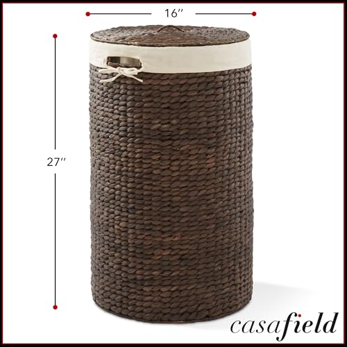 Casafield Round Laundry Hamper with Lid and Removable Liner Bag - Espresso Dark Brown, Woven Water Hyacinth Wicker Laundry Basket for Clothes, Towels