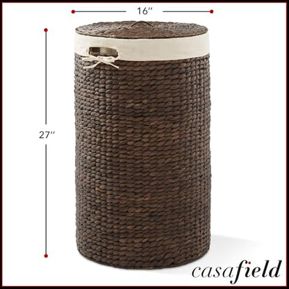 Casafield Round Laundry Hamper with Lid and Removable Liner Bag - Espresso Dark Brown, Woven Water Hyacinth Wicker Laundry Basket for Clothes, Towels