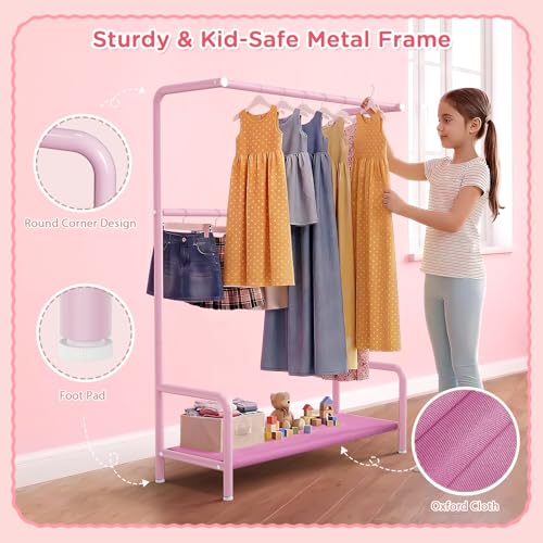Kids Clothing Rack Double Rods for Bedroom Playroom Pink | Double Rod Design, Powder Coated Steel, Bottom Storage Shelf, for Baby Toddler Clothes, Dress Up, Nursery, Bedroom, Playroom - color: Pink