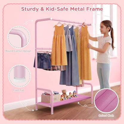 Kids Clothing Rack Double Rods for Bedroom Playroom Pink | Double Rod Design, Powder Coated Steel, Bottom Storage Shelf, for Baby Toddler Clothes, Dress Up, Nursery, Bedroom, Playroom - color: Pink