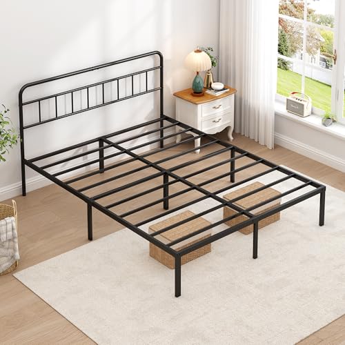 Queen Bed Frame with Classic Headboard, Black | Strong Metal Slats Support, Under Bed Storage Space, No Box Spring Needed, Easy to Assemble - size: Queen