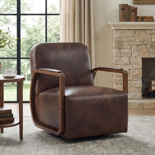 Faux Leather 360° Swivel Barrel Accent Chair, Upholstered Mid Century Modern Reading Lounge Chair with Wooden Armrests & Solid Rotating Metal Base for Living Room Bedroom, Dark Brown - color: Dark Brown, size: 1 Pack