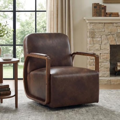 Faux Leather 360° Swivel Barrel Accent Chair, Upholstered Mid Century Modern Reading Lounge Chair with Wooden Armrests & Solid Rotating Metal Base for Living Room Bedroom, Dark Brown - color: Dark Brown, size: 1 Pack