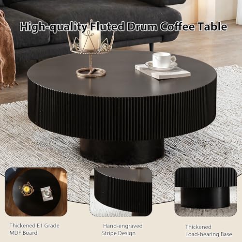 Round Fluted Coffee Table Handcrafted Relief Drum End Table | Mid Century Modern Drum Coffee Tables Rustic Industrial Wood Center Table for Apartment Living Room - color: Black Round Thick