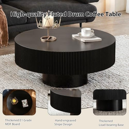 Round Fluted Coffee Table Handcrafted Relief Drum End Table | Mid Century Modern Drum Coffee Tables Rustic Industrial Wood Center Table for Apartment Living Room - color: Black Round Thick