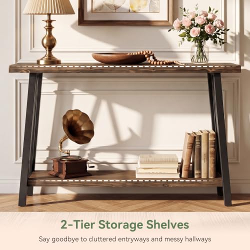 Tribesigns 41.3" Live Edge Solid Wood Console Table, Industrial 2-Tier Entryway Table with Sturdy Metal Frame, Narrow Sofa Accent Table with Storage Shelf for Living Room Hallway Foyer, Brown & Black