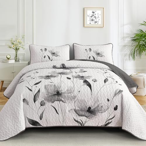 Mybedsoul Floral Quilt Set King Size, 3 Pieces Grey Bedspread Coverlet Set, Lightweight Farmhouse Botanical Bedding Set for Fall Winter All Season(104"x90") - color: Grey, size: King104"x90"
