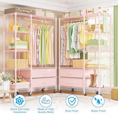 F3R Heavy Duty Clothes Rack（With Lockable Wheels）Freestanding Clothing Racks for Hanging Clothes，Adjustable Closet Organizer System，Portable Garment Rack 40"W x 15"D x 74"H，Max Load 700LBS，Pink - color: Pink, style: Rolling